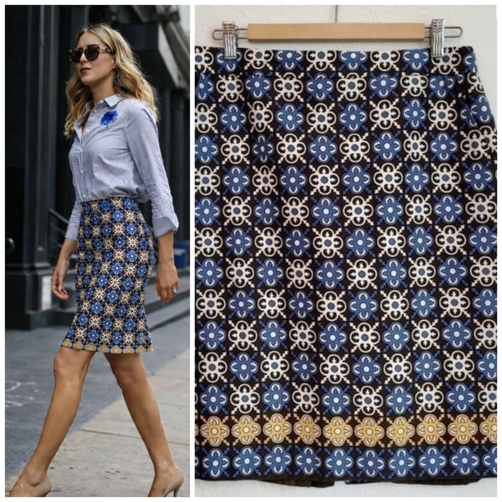 CHARTER CLUB Pencil Skirt Geometric Print Blue Brown Lined 8